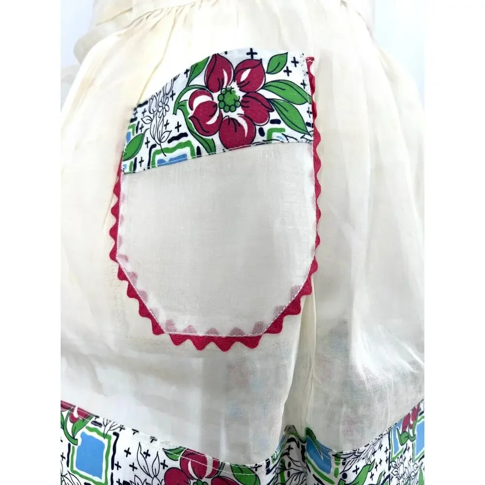Vintage Kitchen Apron Handmade Ivory Floral Print with Ric-Rac